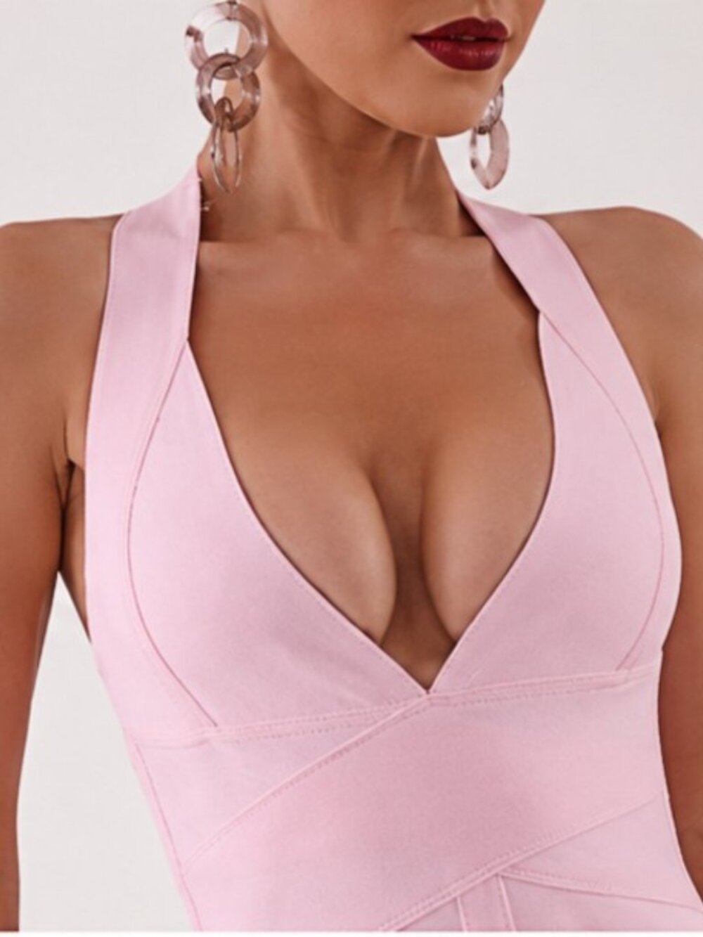 Petal Pink Halter Bandage Midi Dress | Deep V Open Back Bodycon | Size L - Picture 6 of 10